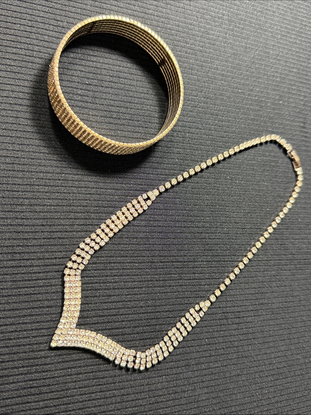 Gold-Tone Rhinestone V-Front Necklace and Bangle Set